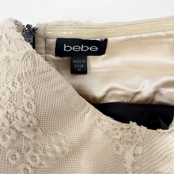 BEBE Women’s Black Ivory Eyelash Lace Ruffle Front Strapless Bodycon Dress Sz M - Picture 5 of 8